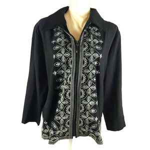 Bon Worth Women's Light Jacket Zip Up Black White Embroidery Size Large Petite
